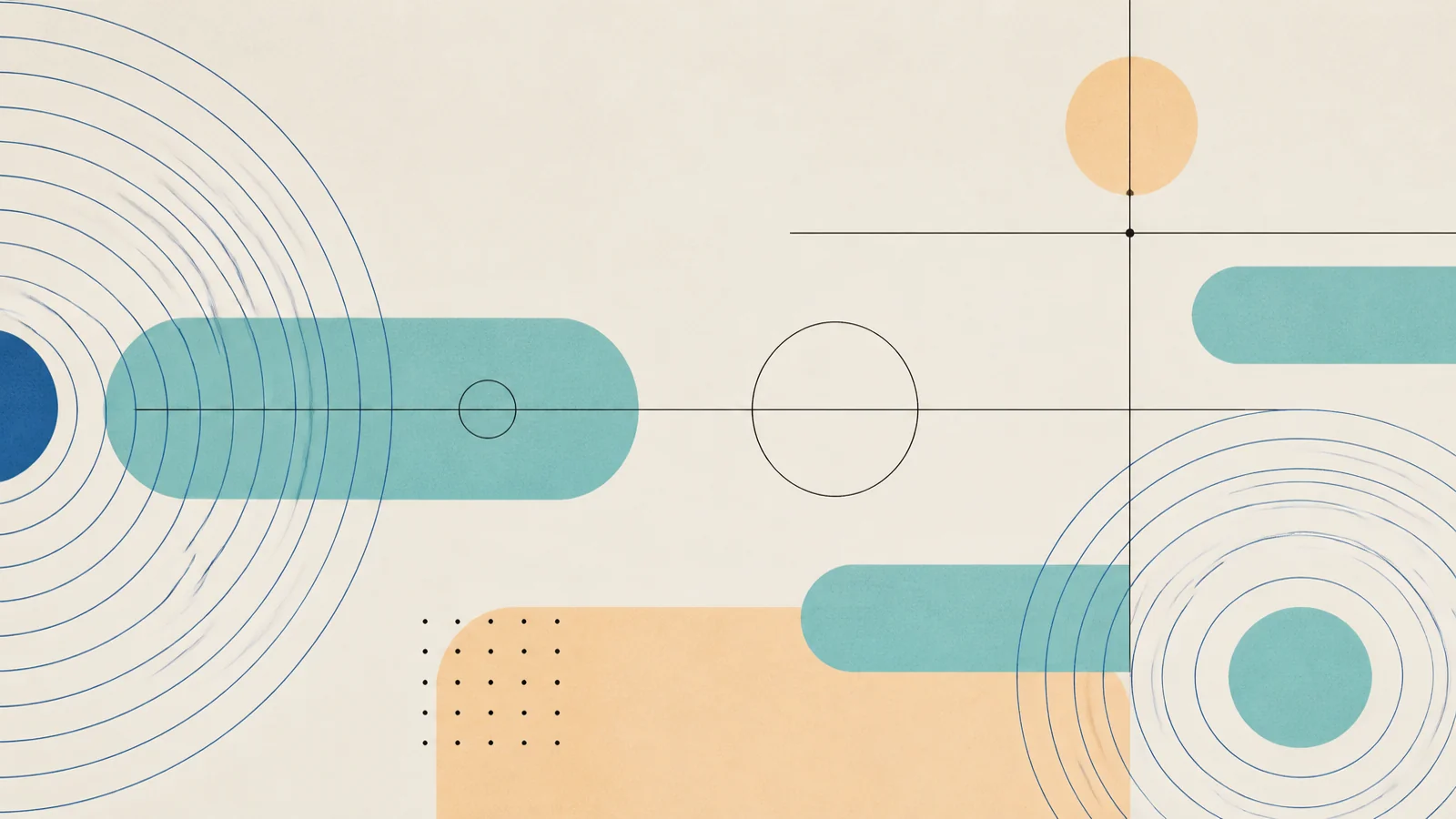Abstract on-brand illustration of concentric arcs and rounded bars in sand, teal, peach, and deep blue.